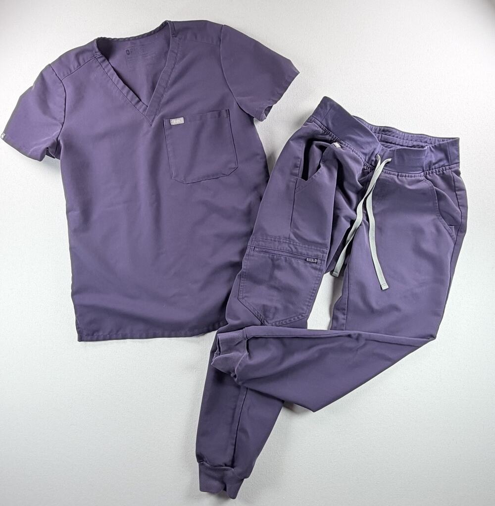 FIGS Scrub Women’s Purple V-Neck Top and Jogger Pants Size XS Drawstring